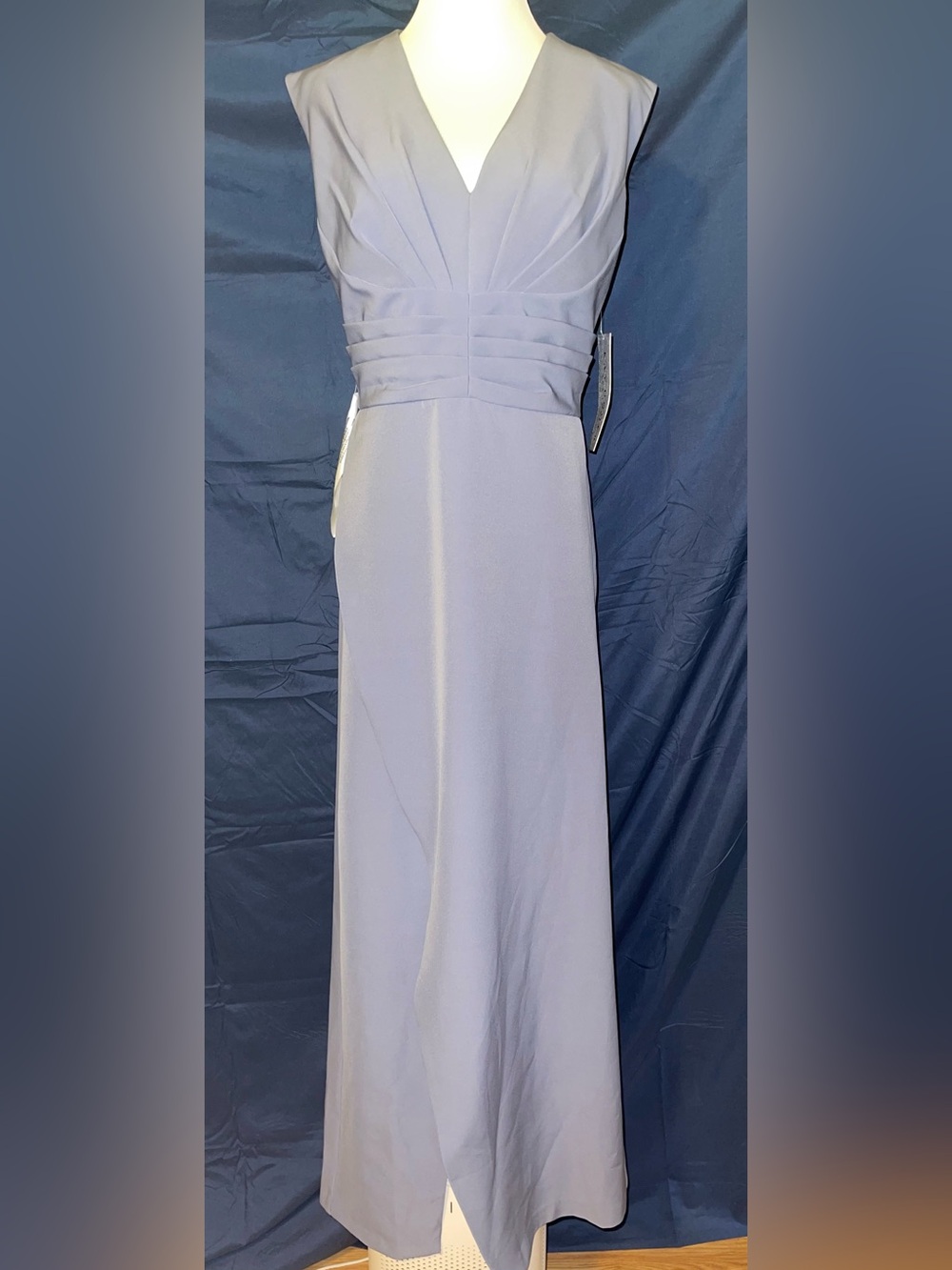 Kay Unger Slate Blue V-Neck Pleated Waist Gown